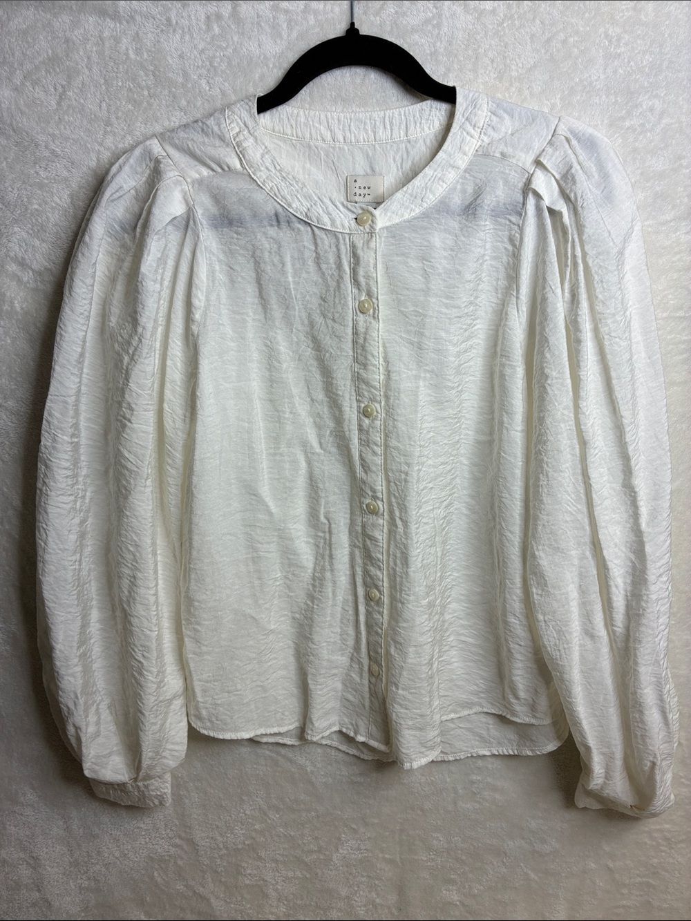 a new day White Textured Button-Front Blouse with Puff Sleeves